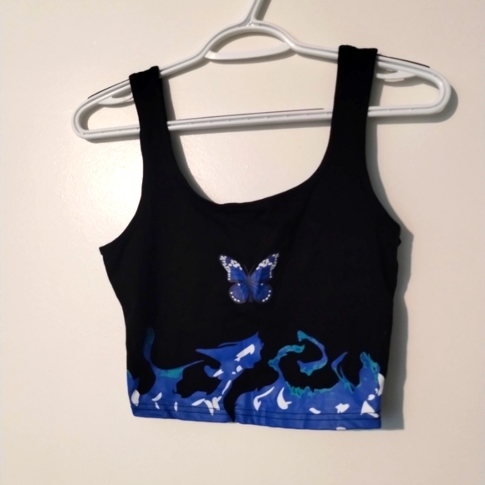 SHEIN Black Tank Top with Blue Butterfly Design